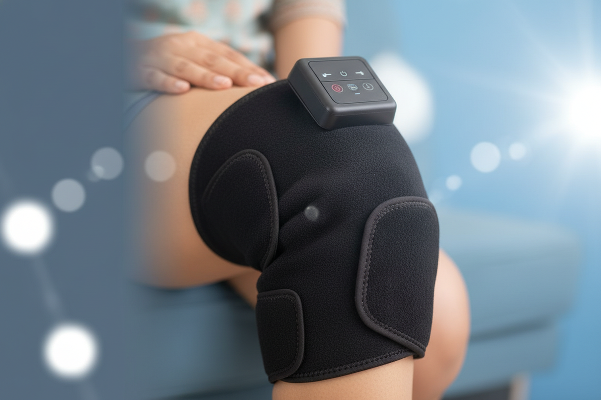 Close-up of a South Asian woman's knee with the EdenFlex 3 in 1 Heating Massager wrap. The background is a soft blur of slate
